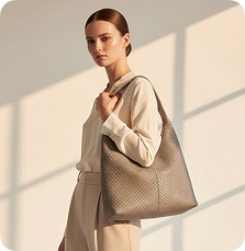 Woman with beige tote bag